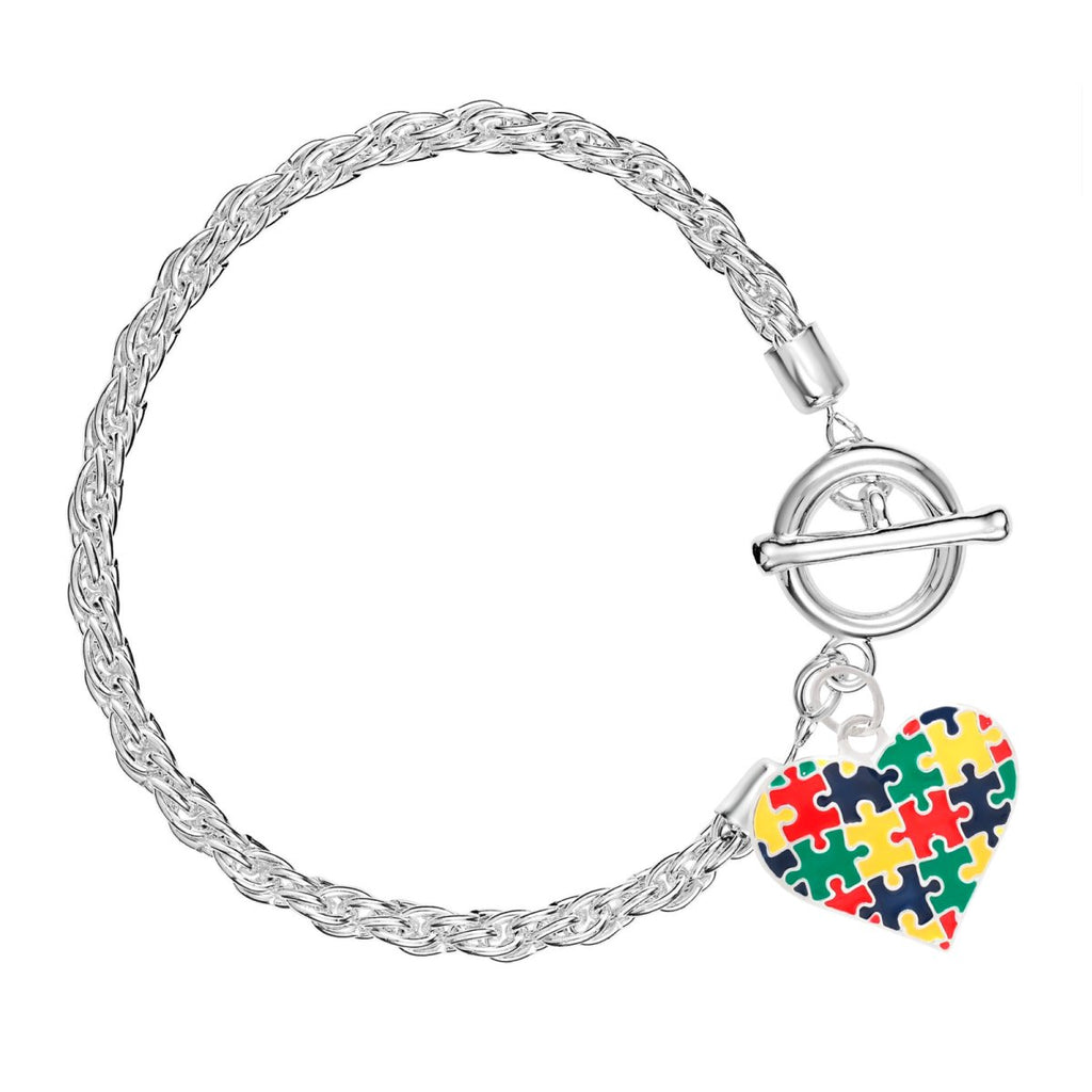 Autism Colored Puzzle Piece Heart Charm Silver Rope Bracelets - Fundraising For A Cause