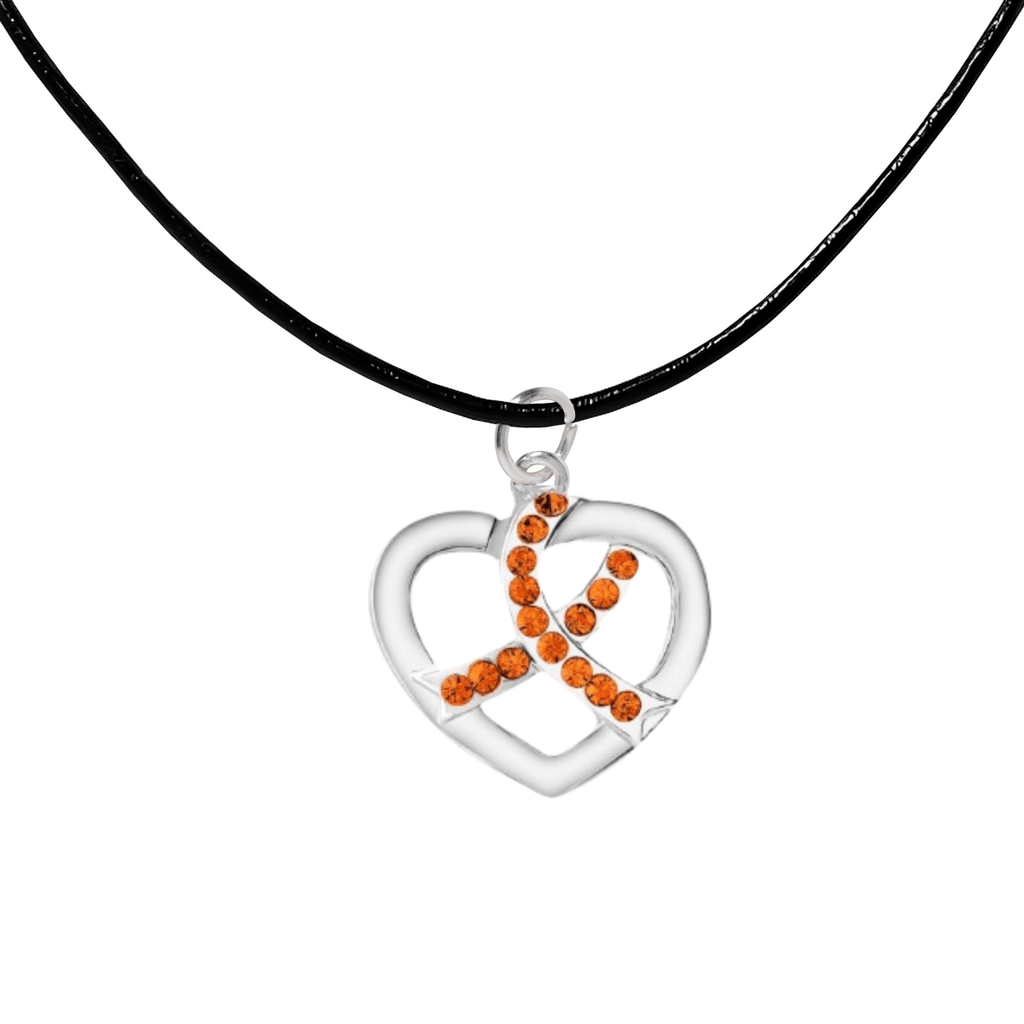 Crystal Heart Orange Ribbon Leather Cord Necklaces - Fundraising For A Cause