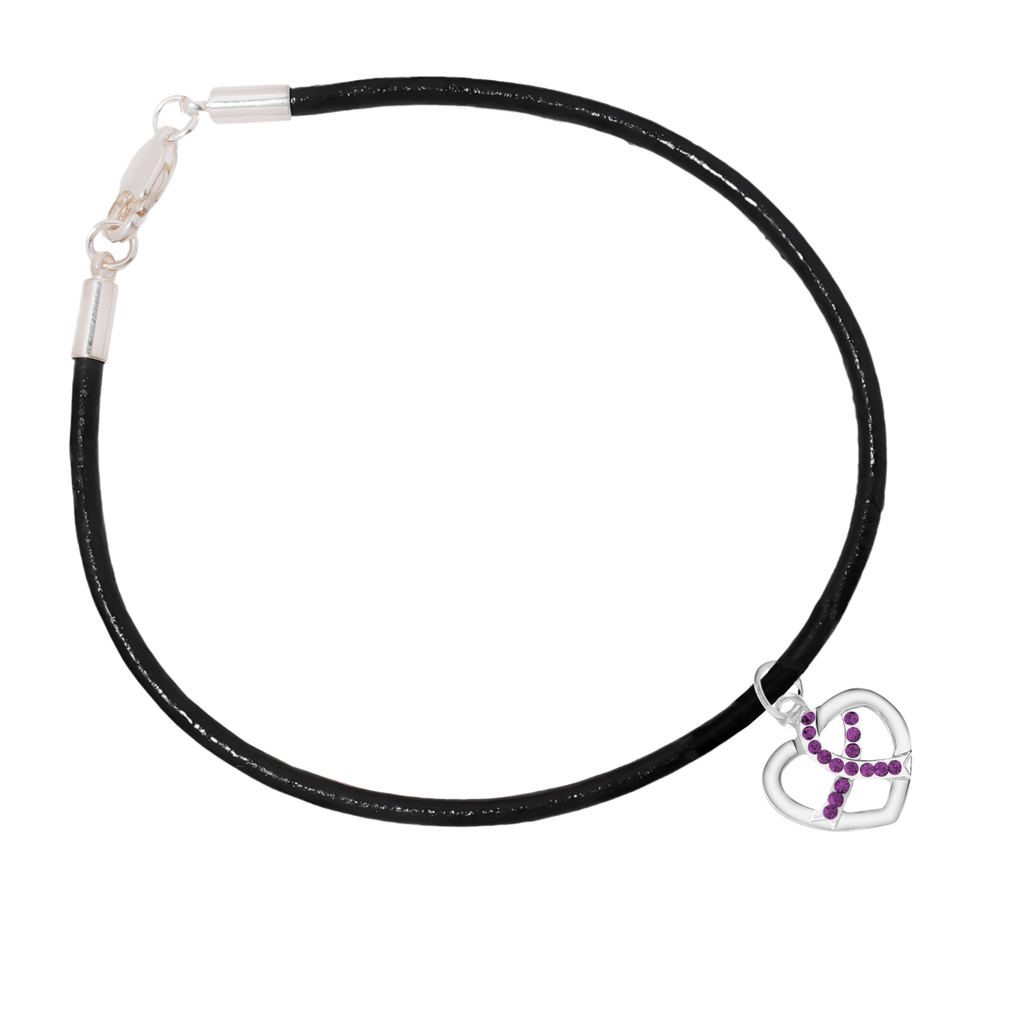 Crystal Heart Purple Ribbon Leather Cord Bracelets - Fundraising For A Cause