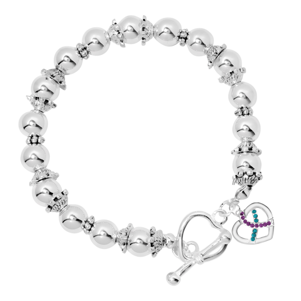 Crystal Heart Teal & Purple Ribbon Charm Silver Beaded Bracelets - Fundraising For A Cause