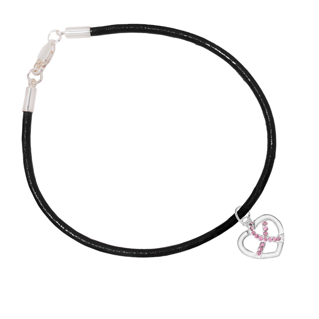 Pink Ribbon Crystal Heart Leather Cord Bracelets - Fundraising For A Cause