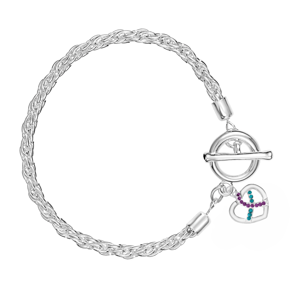 Teal & Purple Crystal Ribbon Heart Awareness Silver Bracelets - Fundraising For A Cause