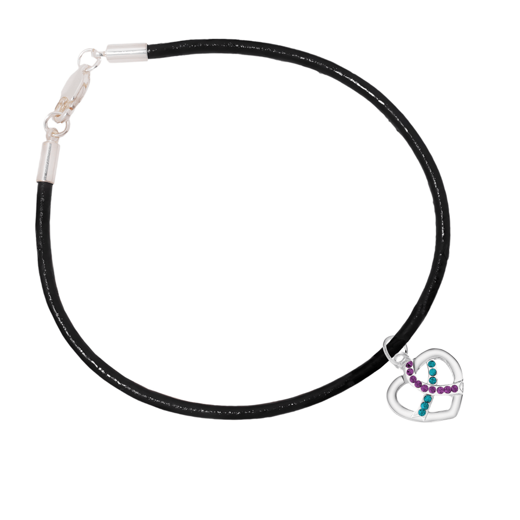 Teal & Purple Ribbon Crystal Heart Leather Cord Bracelets - Fundraising For A Cause